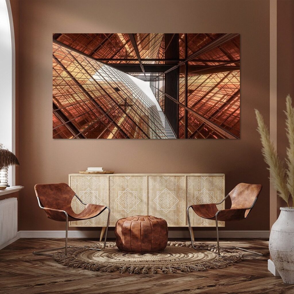Wanddecoratie met architectuurfotografie van Hongkong in woonkamerinterieur