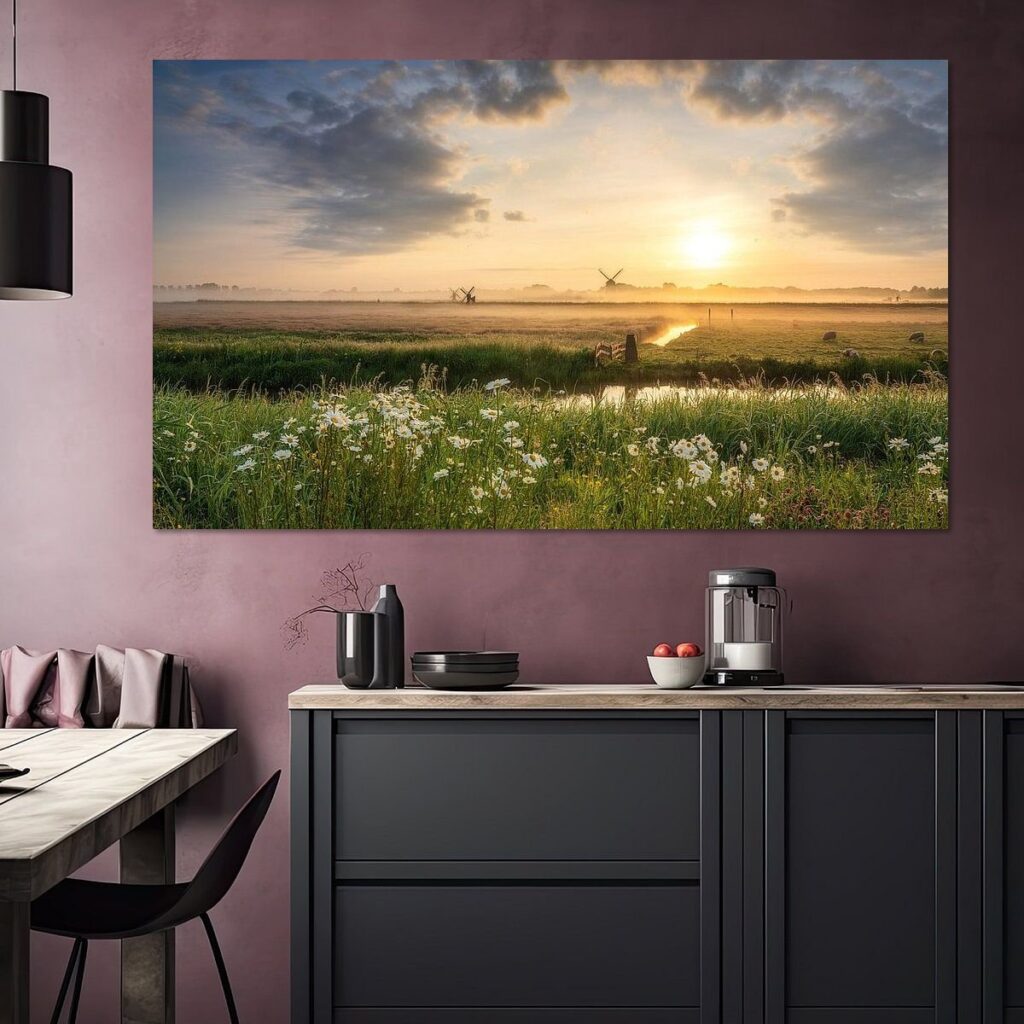 Wanddecoratie met landschapsfotografie van Nederland in keukeninterieur