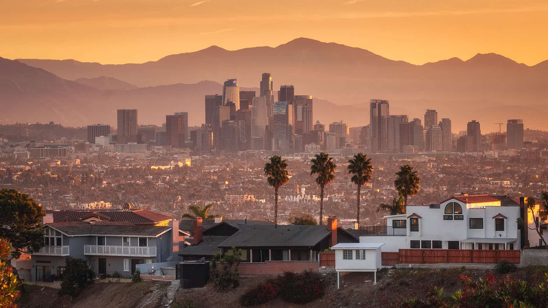 Skyline van Downtown Los Angeles met bergen op de achtergrond en palmbomen op de voorgrond bij zonsondergang